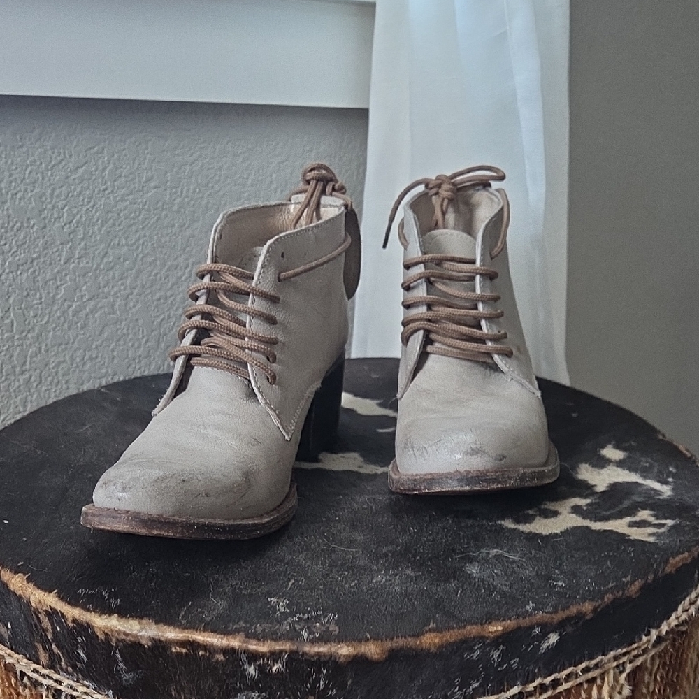 Freebird by Steven Distressed Lace-Up Leather Booties - Stone/Grey - Size